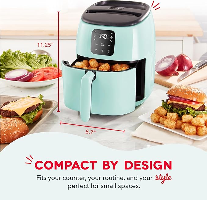 Dash Digital Tasti-Crisp™ Air Fryer - Compact Electric Digital Fryer With Auto Shut-Off Feature - Ideal for Small Spaces - AirCrisp® Technology - 2.6 Quarts - Aqua