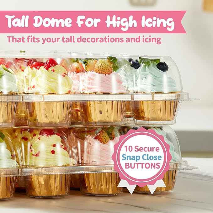 Gencywe (24 Pack x 10 Sets) Stackable Cupcake Carrier Holders with 240 Pack Cupcake Liners, Plastic Cupcake Boxes Holders for 24 Cupcakes, High Tall Dome Lid Cupcake Containers, Clear Cupcake Trays
