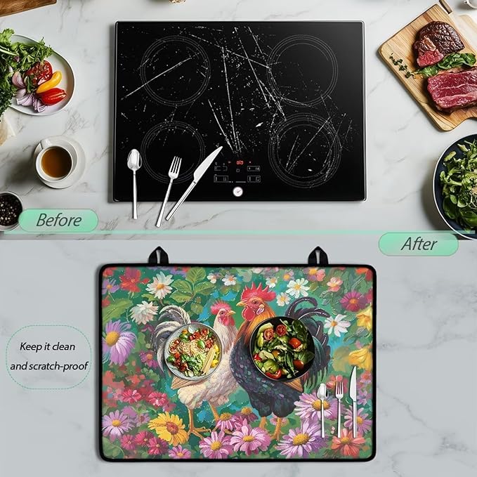 Rooster Print Induction Cooktop Mat Heat Resistant Glass Top Stove Cover Protector Glass Cooktop Covers Kitchen Flat Electric Stove Top Covers