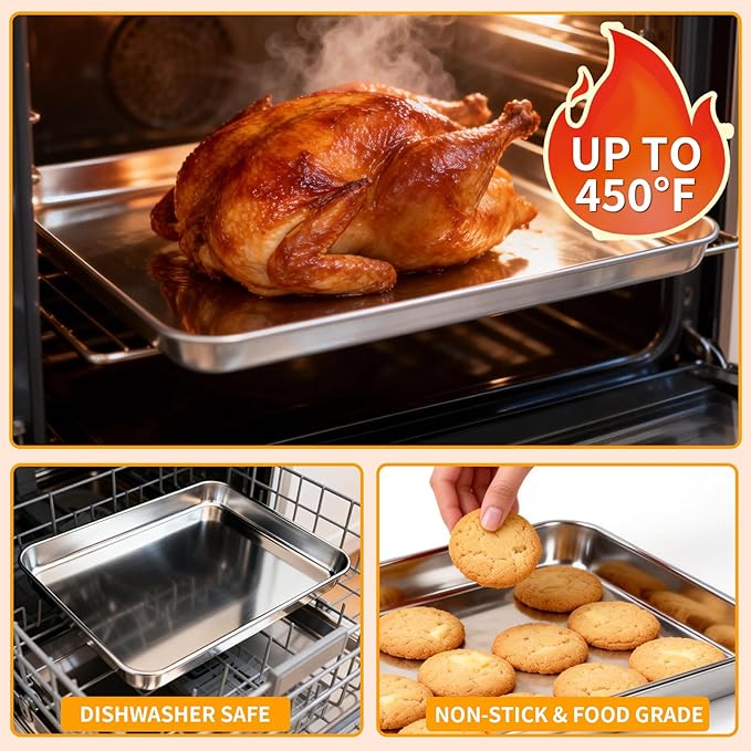 CEKEE Baking Sheet Set of 4, Stainless Steel Cookie Sheets for Baking, 0.8mm Heavy Duty Nonstick Baking Pans, 9/10/12/16 Inch Baking Trays for Oven, Non Toxic & Mirror Finish & Easy Clean