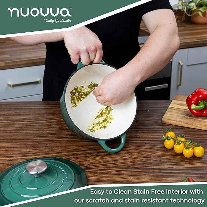 Cast Iron Dutch Oven with Lid – Non-Stick Ovenproof Enamelled Casserole Pot – Sturdy Dutch Oven Cookware – Dark Green, 3.1-Quart, 22cm – by Nuovva
