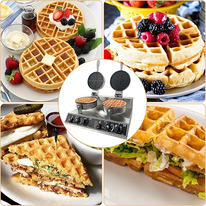 Double Head Commercial Waffle Maker, 2400W Stainless Steel Nonstick Waffle Iron with 122℉ to 572℉ Temp Range & Time Control, Perfect for Home Cafe Restaurant Snack Bar Bakeries