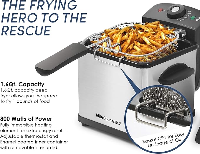 Elite Gourmet EDF1607# 800-Watt Mesh Basket 1.6 Quart / 6.5 Cup Oil Capacity, Electric Immersion Deep Fryer with Temperature Knob and Lid with View Window, stainless steel