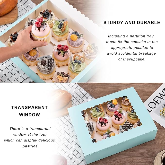 Hoewina 6PCS Cupcake Boxes - Hold 12 Count Cupcake Containers with Window, Food Grade Cupcake Holder Easy Transport and Presentation - Ideal for Cupcakes, Desserts, and More (Baby Blue)