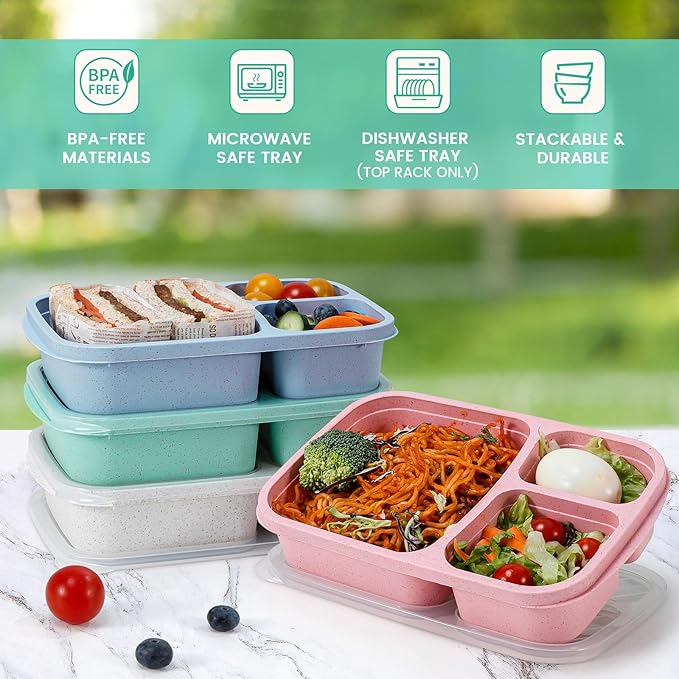 Caperci Wheat Straw Bento Lunch Box Containers for Adults & Kids - 3-Compartment Reusable Meal Prep Containers for School, Work, Travel, Set of 4 (Multicolor & Clear Lids)