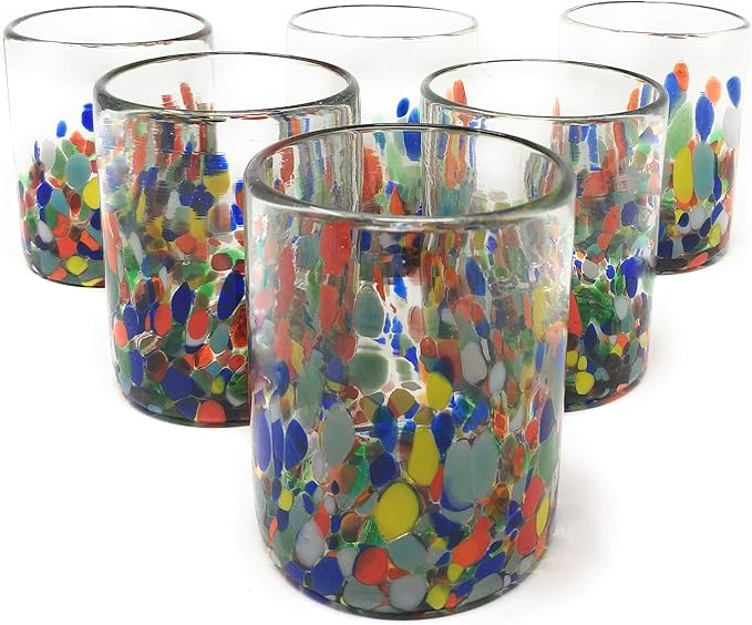 Dos Sueños Hand Blown Mexican Drinking Glasses – Set of 6 Confetti Carmen Tumbler Glasses (10 oz each)