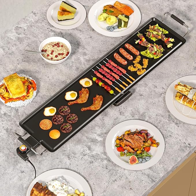LDAILY 39.5’’ Extra Large Nonstick Electric Griddle, Teppanyaki Grill BBQ W/ 4 Adjustable Temperature, Even Heating & Handles, Long Table Top Pancake Griddle Grill for Indoor & Outdoor Party, Camping