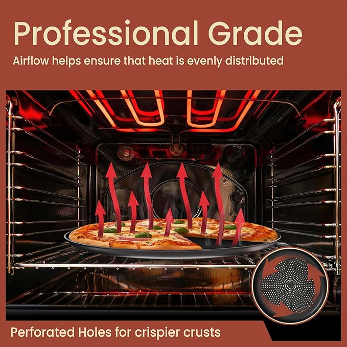 Bakken 16 Inch Non-Stick Pizza Pan 1 Pack, Round Carbon Steel Pizza Tray with Perforated Holes, PFOA, PFOS, & PTFE-Free, Dishwasher & Oven Safe Up To 450°F, Durable Nonstick Coating, Black