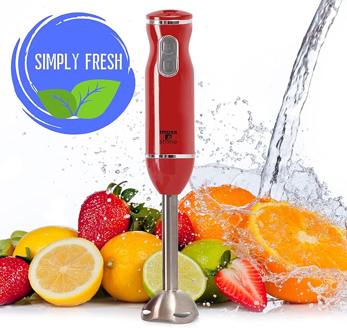 Moss & Stone Electric Hand Blender Set, 300W Immersion Hand Blender with Whisk and Chopper, Stainless Steel Shaft and Blades, 2-Speed Handheld Mixer with Ergonomic Grip, Red