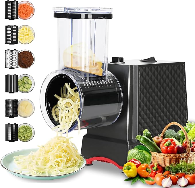 YOTAN Electric Cheese Grater, Electric Slicer Shredder with 6 Blades, 250W Salad Shooter, Enlarged Inlet and Dispenser, Automatic Vegetable Slicer for Cheeses, Fruits, Vegetables