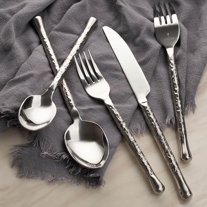 Glam Forged 20-Piece Silverware Set, 18/10 Stainless Steel Flatware, Unique Hammered Flatware Service for 4, Cutlery Set for Home Kitchen Hotel Restaurant Wedding Housewarming