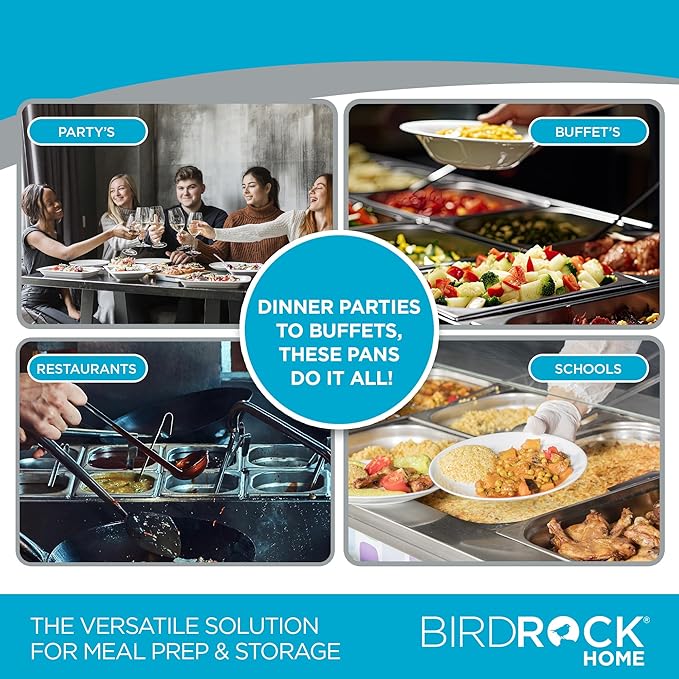 BIRDROCK HOME Stainless Steel Steam Table Pan - Hotel, Restaurant & Catering Supplies - 24 Gauge Steel, 2 qt Capacity - Meal Prep, Cooking, & Food Storage Container - 2.5" Depth, 1/4-Size (6 Pack)