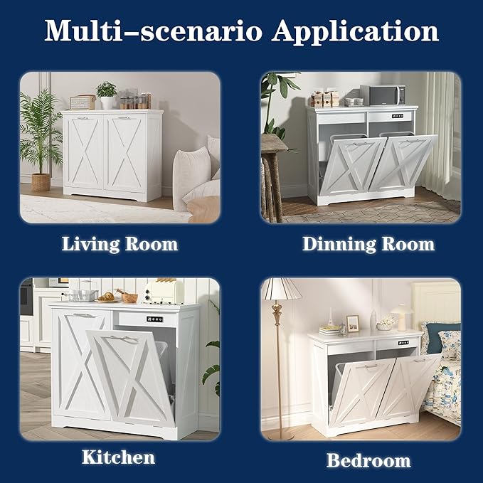 TOLEAD Tilt Out Trash Can Cabinet, 10 Gallon Kitchen Trash Cabinet Hidden Trash Can with Deodorizing & Negative Ion Pet Proof for Kitchen,Dining Room, Living Room,Double White