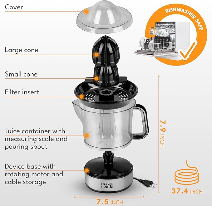 LEBENLANG Orange Juicer Electric - 2 cones & BPA-free I High juice yield & Large Volume I 24oz Lemon Juicer Squeezer I Electric Citrus Juicer Orange Juice Press Juicers Exprimidor De Naranjas Limones