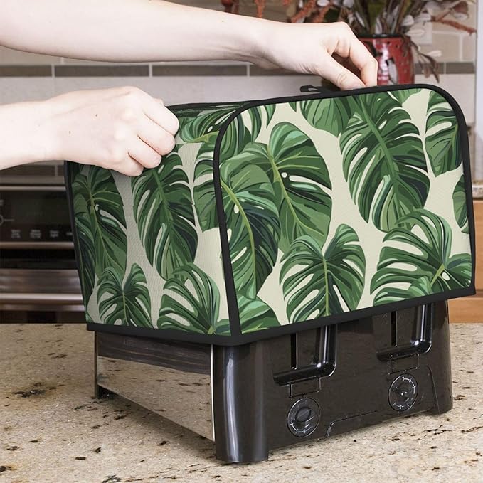 Tropical Monstera Leaf Covers for 4 Slice Toasters,Cute Country Bread Machine Cover with Handle,Washable Stain Resistant Kitchen Small Appliance Cover Dining Decor