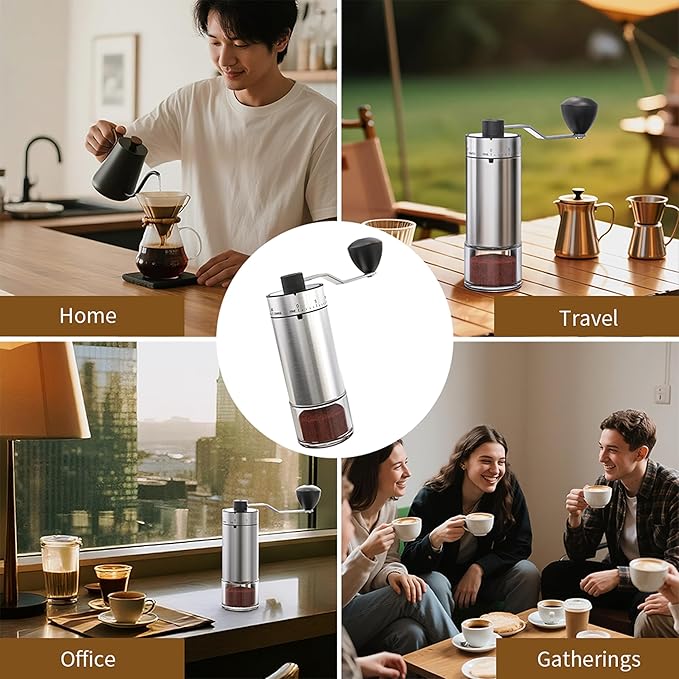 Portable Coffee Grinder Conical Burr for Espresso French Press Pour Over Double Bearing Internal Adjustment Capacity 25g (Silver-Ceramic Burr)