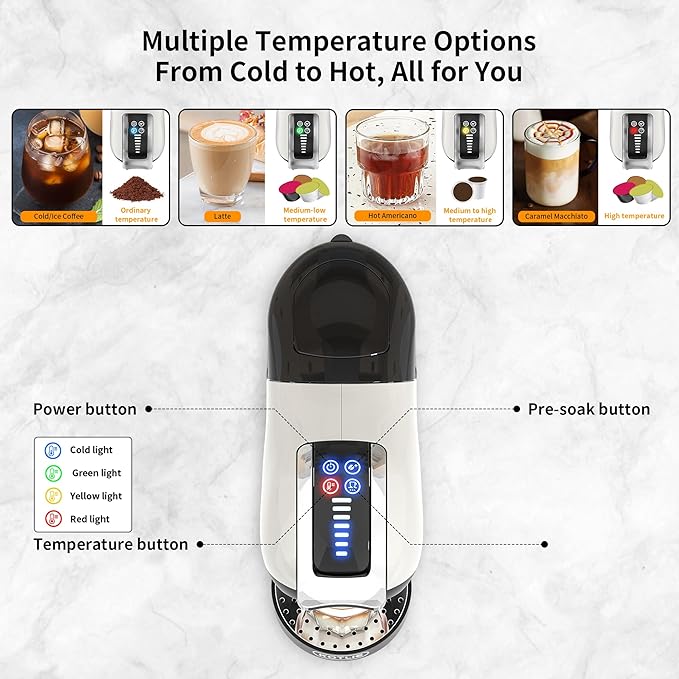 KOTLIE Single Cup Coffee Maker, Multi Capsule Machine Compatible With Various Capsule Types, 4 Temperature Settings, 7 Water Volume Levels,19 Bar(Glossy White)