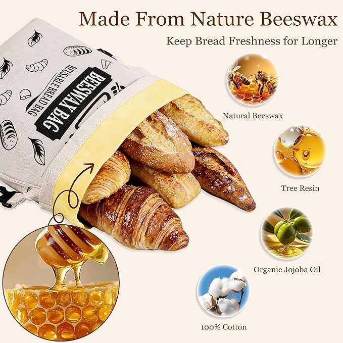 2 Pack Reusable Beeswax Bread Bags for Homemade Bread with Handle,17 X 13 Inch Large Cotton Sourdough Bread Storage for Fridge Freezer Counter,Keep Fresh Longer