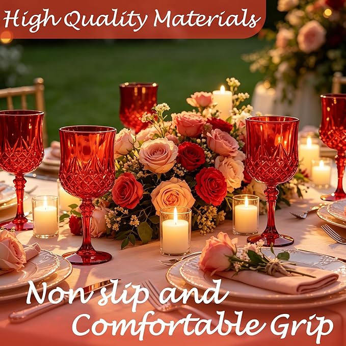 Plastic Wine Glasses, Plastic Goblets Vintage Style Cordial Unbreakable Drinking Glasses, Reusable Drinkware for Wedding Reception, Grand Event Party Supplies,Mother's Day (48, Red)