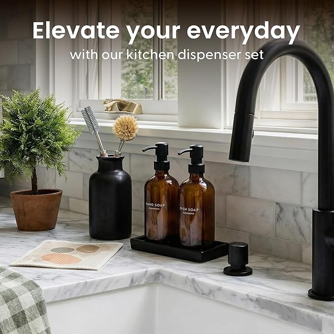 Maisonovo Kitchen Soap Dispenser Set - Hand and Dish Soap Dispenser Set with Amber Glass Soap Dispenser, Black Pumps & Ceramic Tray