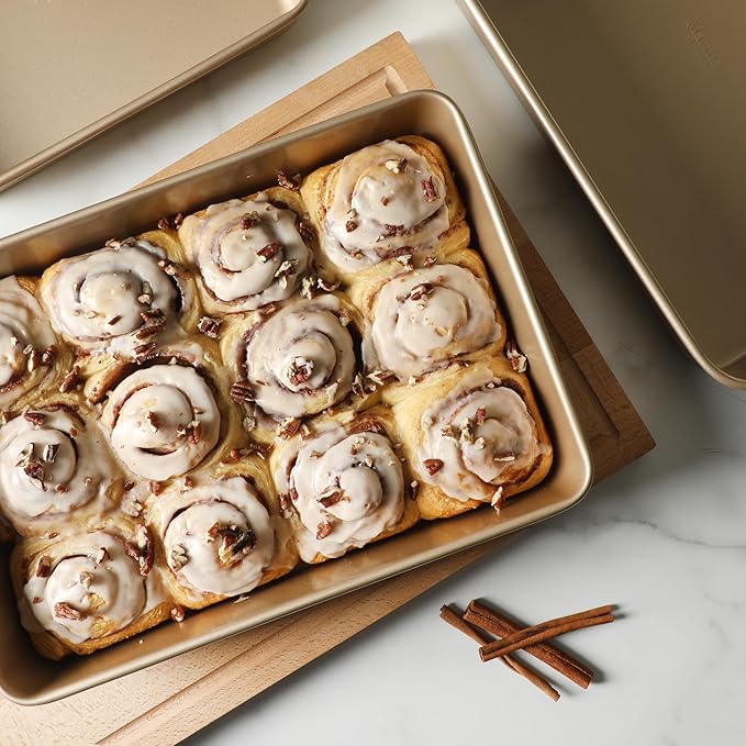 Martha Stewart Gallen 3-Piece Baking Pan Set – 13", 15", 17" Baking Pans, Ceramic Nonstick, PFA-Free, Carbon Steel, Champagne – Oven Safe to 450°F, Warp-Resistant, Easy to Clean - Taupe