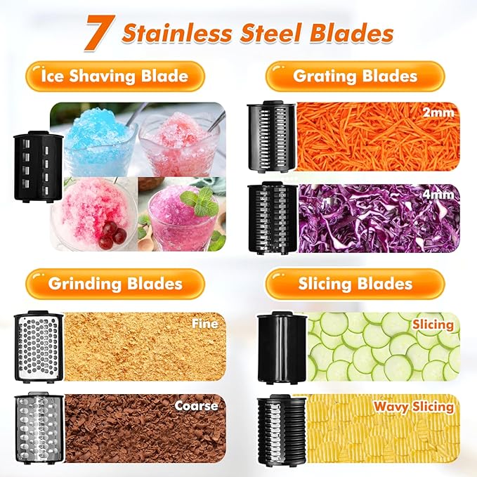 7 in 1 Electric Cheese Grater Ice Shaver with 7 Blades Stainless Steel Multifunctional Vegetable Shredder 250W BPA-Free 110V