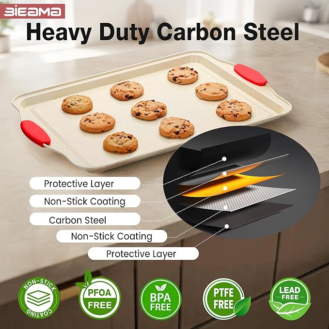BIEAMA 13-Piece Baking Pans Sets, Nonstick Bakeware Sets, BPA-Free Carbon Steel Stackable Bakeware Set, Cream