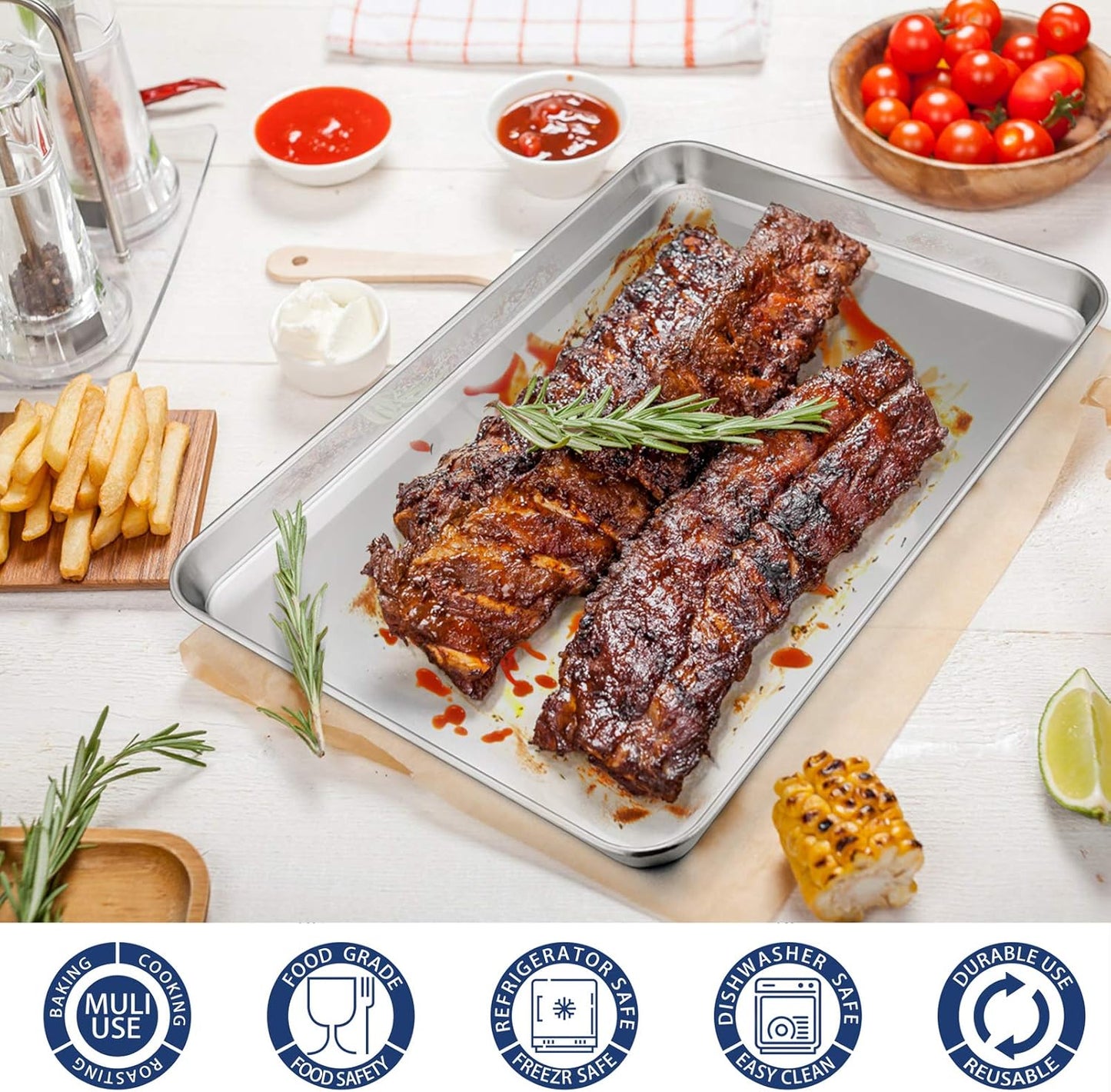 P&P CHEF 16 Inch Baking Cookie Sheet, Oven Pan Tray Stainless Steel Sheet Pan for Kitchen, Oven Bakeware for Multi Uses, Shiny Look & Dishwasher Safe, Healthy & Heavy Duty, 2Pcs
