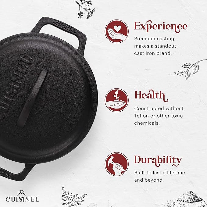 Cuisinel Cast Iron Dutch Oven - 5-Quart Deep Pot + Lid + Pan Scraper + Handle Cover Grips - Large Pre-Seasoned Cooker for Baking Bread, Soup, Frying - Indoor/Outdoor Kitchen, Camping, Fire, BBQ Safe