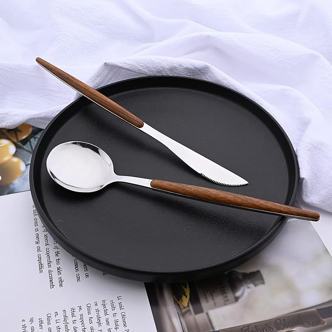 6 PCS Silver Steak Knife With Wooden Effect Handle, Stainless Steel Dinner Knife Set for 6, Mirror Polished Table Knives Set for Home Hotel Restaurant, Easy To Clean