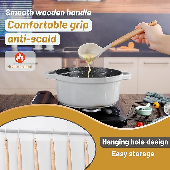 QMVESS Silicone Kitchen Utensils Set, 35 Pcs Non-Stick Cooking Utensils Set, Sturdy Insulation Wooden Handle Kitchen Accessories for Cooking with Spatula Set and Spoons Set Gadgets (Khaki)