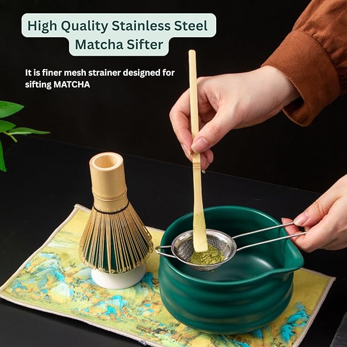 7PCS Ceramic Matcha Whisk Set - Traditional Japanese Tea Set Includes Matcha Bowl with Spout, Holder, Bamboo Whisk, Bamboo Scoop with Rest, Sifter with Tea Towel - Perfect Kit for Matcha Lovers
