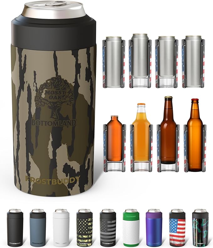 Frost Buddy Universal Can Cooler - Fits all - Stainless Steel Can Cooler for 12 oz & 16 oz Regular or Slim Cans & Bottles - Stainless Steel (Mossy Oak Bottomland)