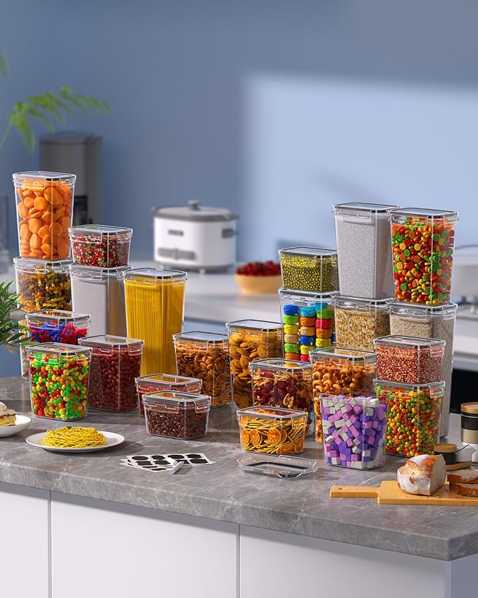 Airtight Food Storage Containers with Lids, 15 PCS Kitchen and Pantry Organization Canisters, BPA-Free, PVC-Free, Food-grade Plastic Leak-proof Jars for Cereal, Flour, Sugar, Extra 24 Labels & Marker