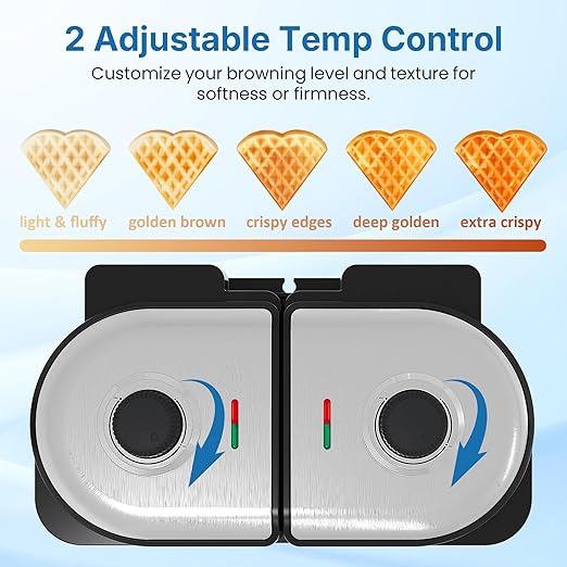 Double Belgian Waffle Maker with 2 Adjustable Temp Knobs, Electric Waffle Machine with Indicator Light, Nonstick Heart Waffle & Classic Waffle Iron, Breakfast Maker, Easy to Clean, Silver