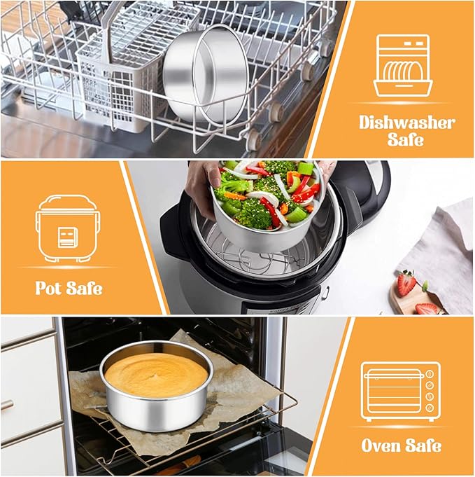 P&P CHEF 6 + 8 + 9.5 Inch Cake Pans Set, Round Baking Pan Stainless Steel Layer Birthday Wedding Cake Oven Pans, Non Toxic & Heavy Duty, Deep Side & Mirror Finish, Dishwasher Safe, (3Pcs)