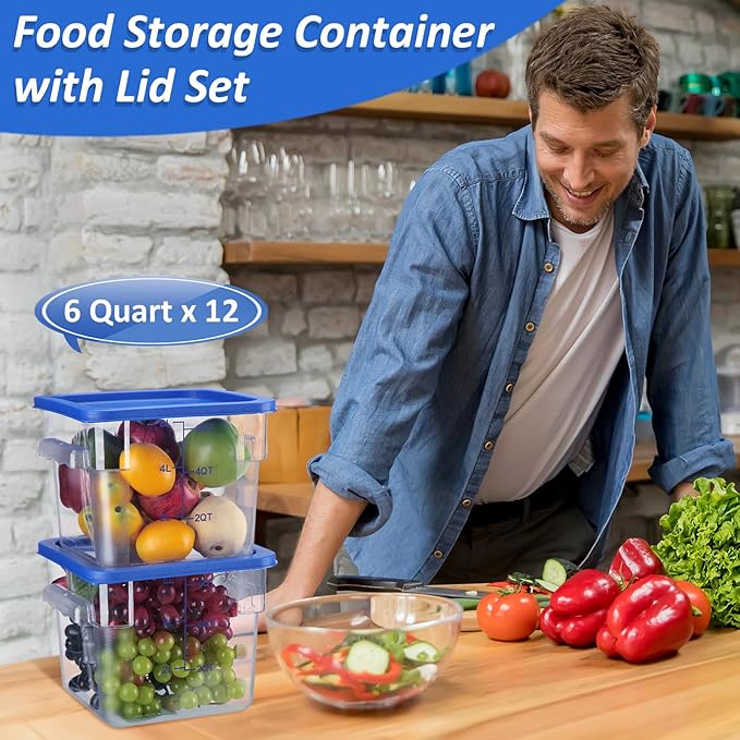 Yungyan 12 Pcs 4 Qt Commercial Food Storage Containers with Lids Restaurant Square Airtight Food Storage Containers Clear Cereal Containers for Kitchen Freezer Dishwasher Pantry(Blue Lid)