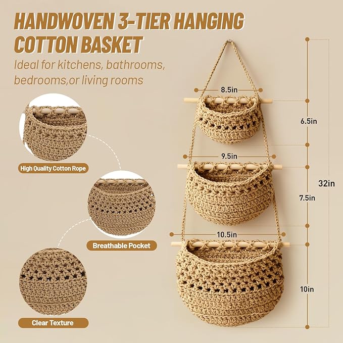 Hanging Fruit Basket, 3 Tier Cotton Woven Wall Basket, Detachable Wall Hanging Baskets for Kitchen Bathroom Storage, Plants Holder, Vegetable Onion Organizing, Boho Decor Aesthetic