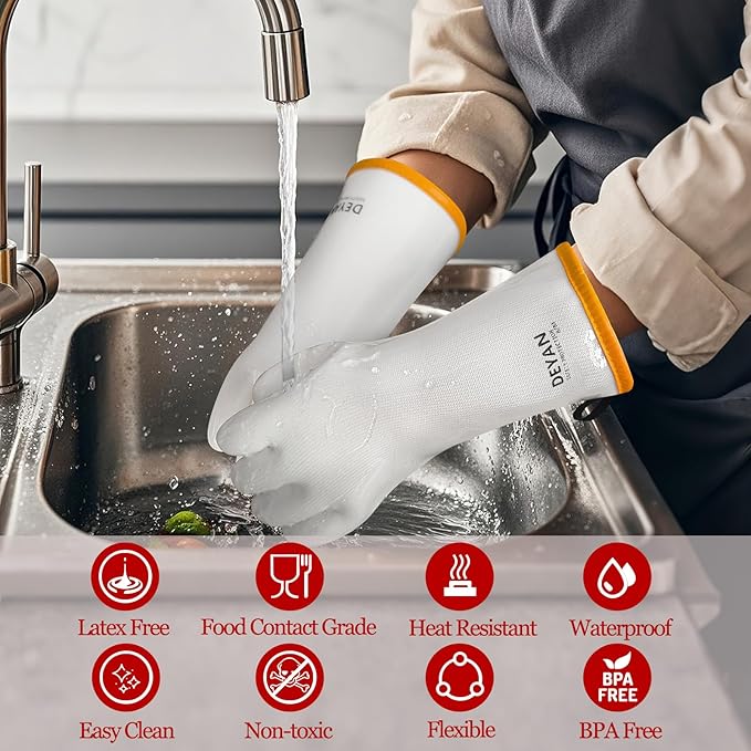 DEYAN Silicone BBQ Gloves - 600°F Heat Resistant Oven Mitts for Grilling, Smoking & Baking - Waterproof, Oil Proof Non-Slip Kitchen Gloves for Cooking, Frying, BBQ Accessories(White, 8/M)