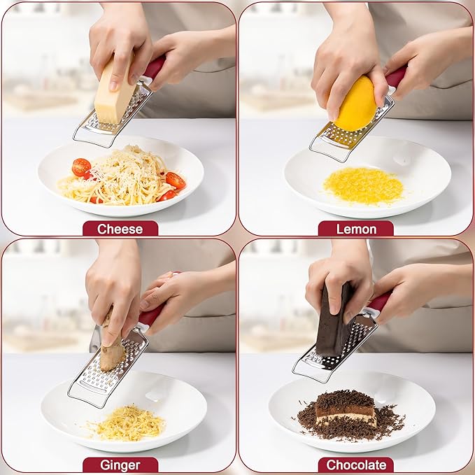 Rainspire Professional Cheese Graters for Kitchen Stainless Steel Handheld, Metal Lemon Zester Grater With Handle For Cheese, Chocolate, Spices, Kitchen Gadgets Tools, Soft Grip Handle (Red)