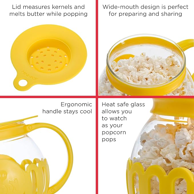 Ecolution Patented Micro-Pop Microwave Popcorn Popper with Temperature Safe Glass,3-in-1 Lid Measures Kernels and Melts Butter,Made Without BPA,Dishwasher Safe,3-Quart,Yellow,(Pack of 4)
