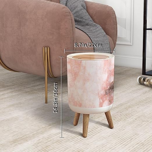Trash Can with Lid Pink Marble Texture Abstract Marble Texture Press Top Round Small Garbage Bin with Wooden Legs Waste Basket for Kitchen Bedroom Nursery 7L/1.8 Gallon