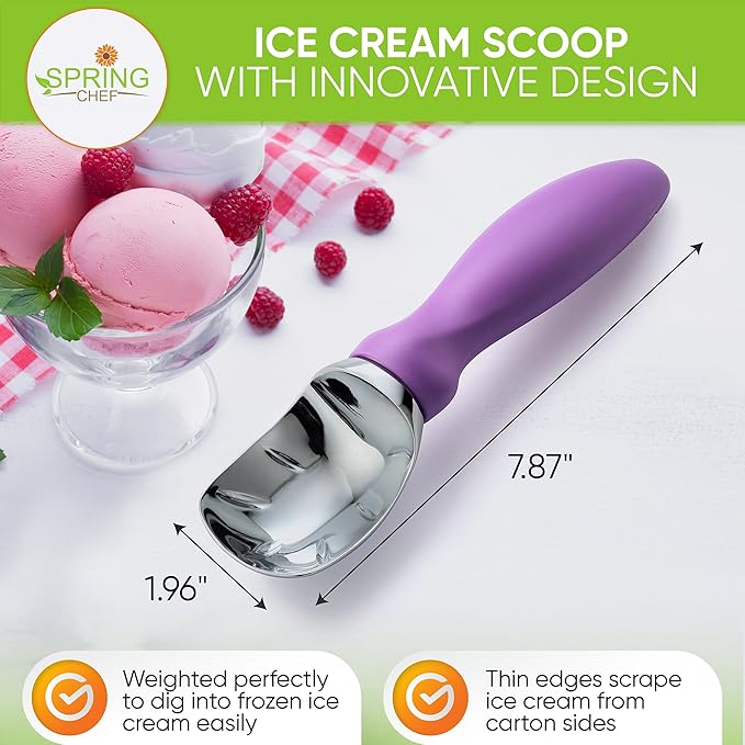 Spring Chef Metal Ice Cream Scoop with Comfortable Handle, Heavy Duty Sturdy Ice Cream Scooper Spoon for Cookie Dough, Frozen Yogurt, Gelato, Sorbet, Sundae, Melon - Dishwasher Safe - Orchid