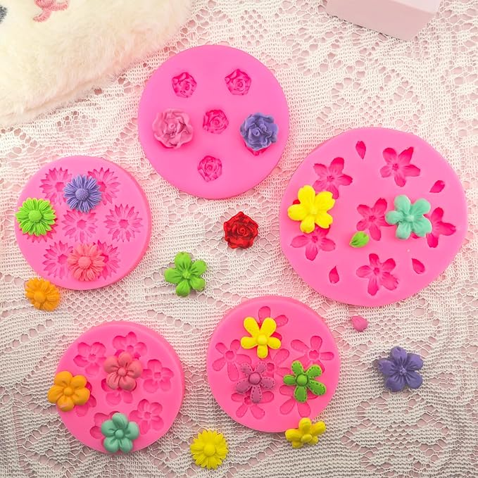 5Pcs Flower Molds Silicone Rose Chocolate Mold Daisy Flower Fondant Mould Polymer Clay Resin Mold Soap Ice Cube Gummy Sugar Wax Melt Molds for Baking and Cake Cupcake Decorating DIY Craft