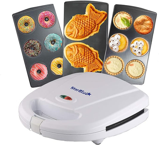 Mini-Donuts Maker, Mini-Pie and Quiche Maker, Taiyaki Maker – NEW 3 in 1 Three Slices Detachable Dessert Maker by StarBlue – White AC 110-120V 50/60Hz 700-800W