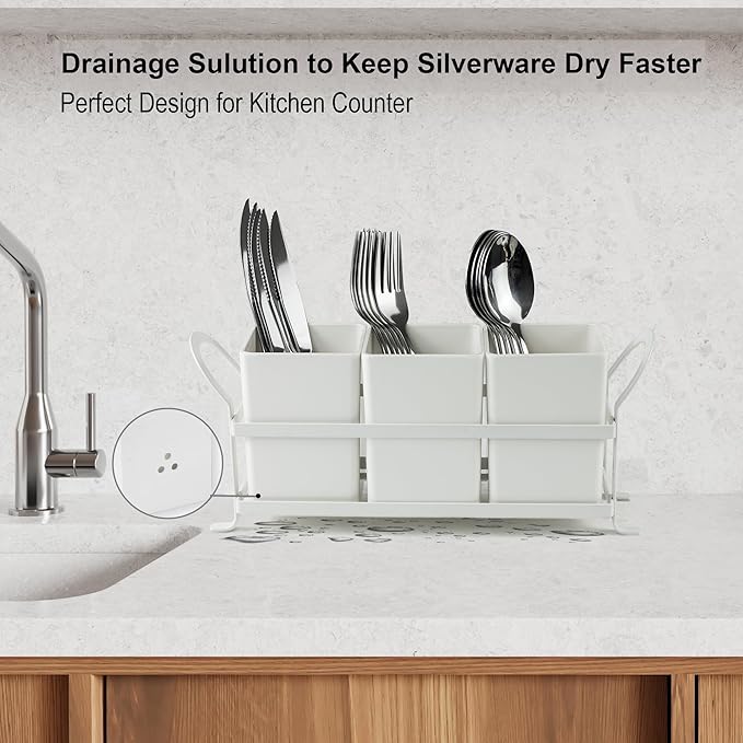 KAQAHIDO Utensil Caddy with Drain Holes, Cutlery Organizer for Kitchen Countertop Drawer 3pcs Bins Set Silverware Holder for Spoon, Fork and Knife, White