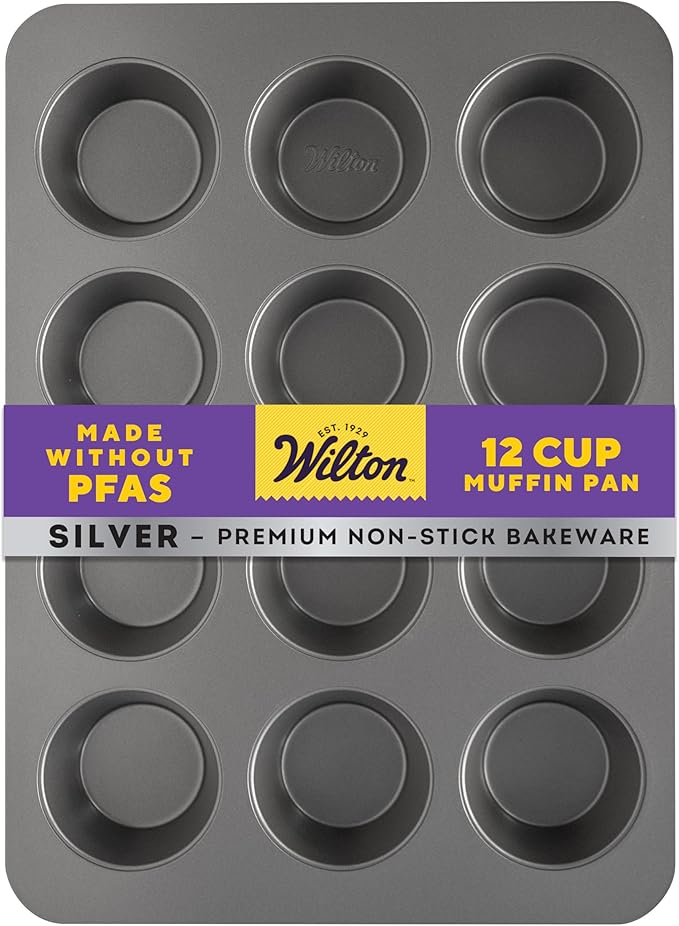 Wilton Silver Non Stick 12 Cup Muffin Pan, Cupcake and Muffin Tin for Baking and Brunch, Made without PFAS, Durable Steel