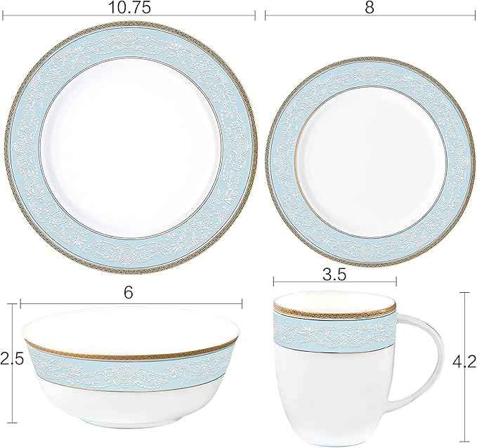 Fine Bone China Dinnerware Set,16 Pcs Classic Relief Pattern Gilt Edged High Grade Porcelain Tableware Sets For 4 People