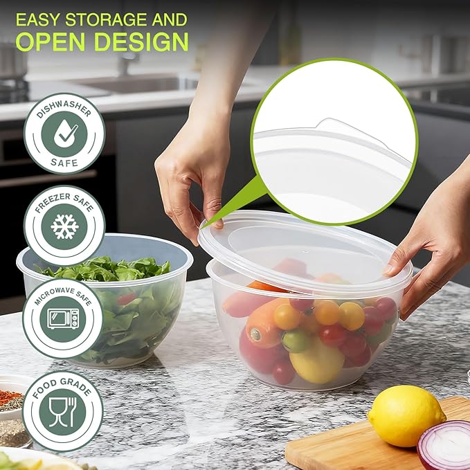 Greentainer Plastic Mixing Bowls with Lids Set for Kitchen, 5 Set Nesting Bowls for Mixing, Baking, Prepping, Cooking and Serving Food, Mixing Bowls Dishwasher, Microwave Safe