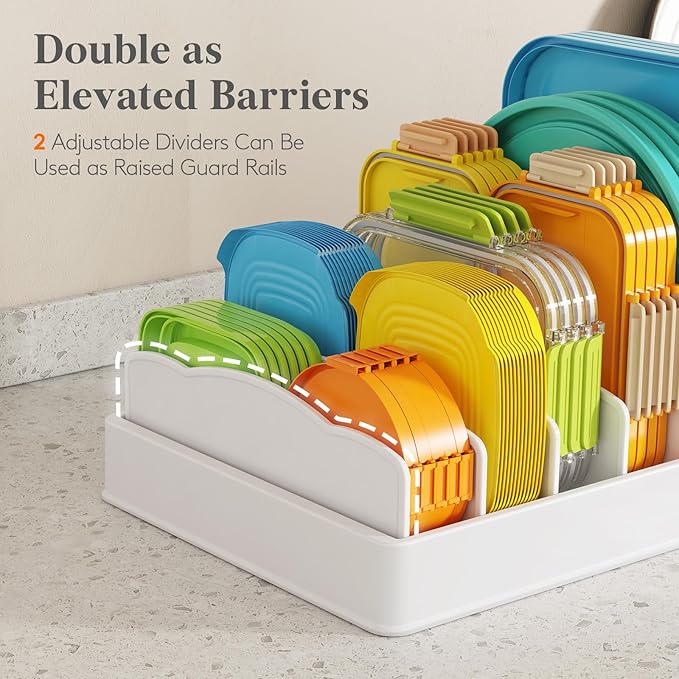 Lifewit Kitchen Cabinet Organizer for Food Contanier Lid, Expandable Lids Holder with 8 Adjustable Dividers & 9 Sections for Pantry Organizers and Storage, Home Drawer Organization, Large, 9.8"-17"